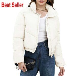 Cropped Puffer Jacket Quilted Winter Coat Stand Collar Chic Minimal Y2K